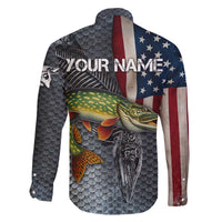 Pike Fishing Family Matching Off The Shoulder Long Sleeve Dress and Hawaiian Shirt with American Flag and Realistic Fish Scale Texture Design - Wonder Print Shop