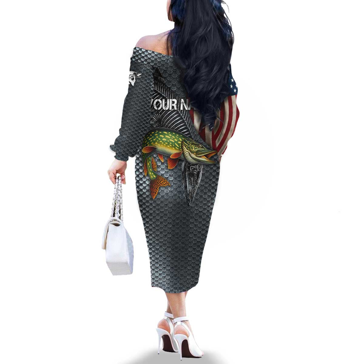 Pike Fishing Family Matching Off The Shoulder Long Sleeve Dress and Hawaiian Shirt with American Flag and Realistic Fish Scale Texture Design - Wonder Print Shop