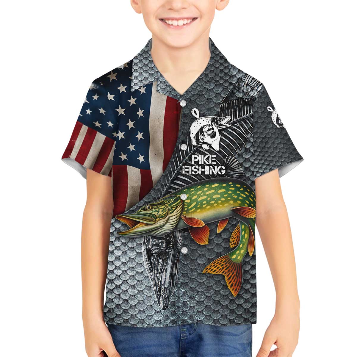 Pike Fishing Family Matching Off The Shoulder Long Sleeve Dress and Hawaiian Shirt with American Flag and Realistic Fish Scale Texture Design - Wonder Print Shop
