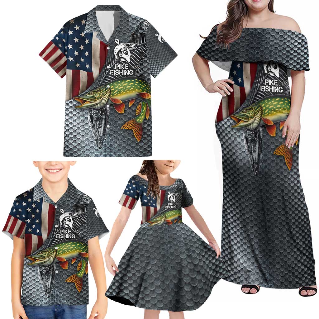 Pike Fishing Family Matching Off Shoulder Maxi Dress and Hawaiian Shirt with American Flag and Realistic Fish Scale Texture Design - Wonder Print Shop