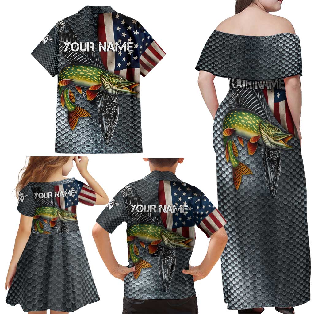 Pike Fishing Family Matching Off Shoulder Maxi Dress and Hawaiian Shirt with American Flag and Realistic Fish Scale Texture Design - Wonder Print Shop