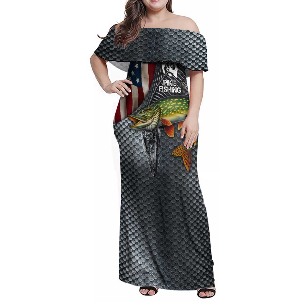 Pike Fishing Family Matching Off Shoulder Maxi Dress and Hawaiian Shirt with American Flag and Realistic Fish Scale Texture Design - Wonder Print Shop