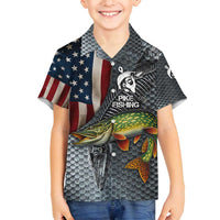 Pike Fishing Family Matching Off Shoulder Maxi Dress and Hawaiian Shirt with American Flag and Realistic Fish Scale Texture Design - Wonder Print Shop