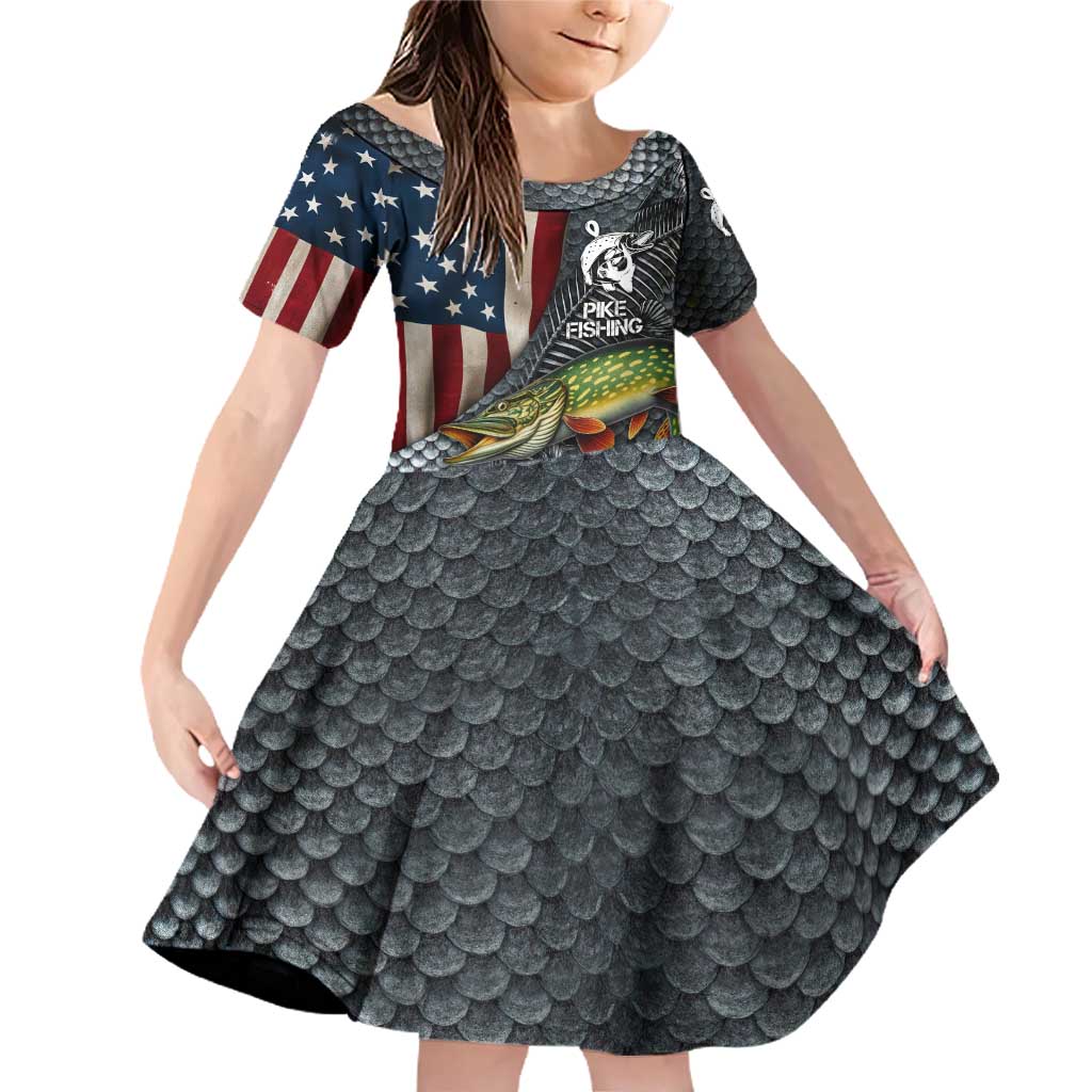 Pike Fishing Family Matching Off Shoulder Short Dress and Hawaiian Shirt with American Flag and Realistic Fish Scale Texture Design - Wonder Print Shop