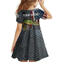 Pike Fishing Family Matching Off Shoulder Short Dress and Hawaiian Shirt with American Flag and Realistic Fish Scale Texture Design - Wonder Print Shop