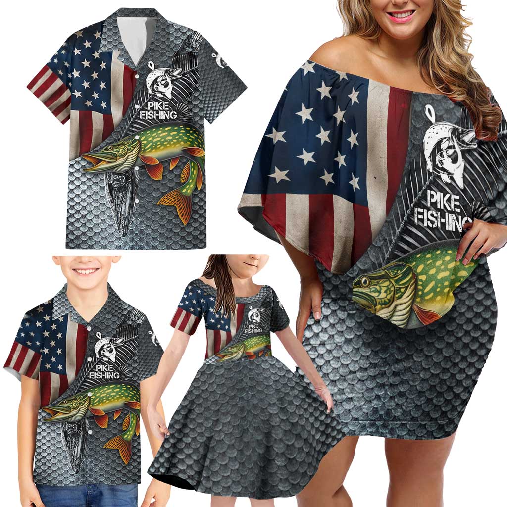 Pike Fishing Family Matching Off Shoulder Short Dress and Hawaiian Shirt with American Flag and Realistic Fish Scale Texture Design - Wonder Print Shop