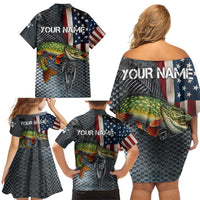Pike Fishing Family Matching Off Shoulder Short Dress and Hawaiian Shirt with American Flag and Realistic Fish Scale Texture Design - Wonder Print Shop