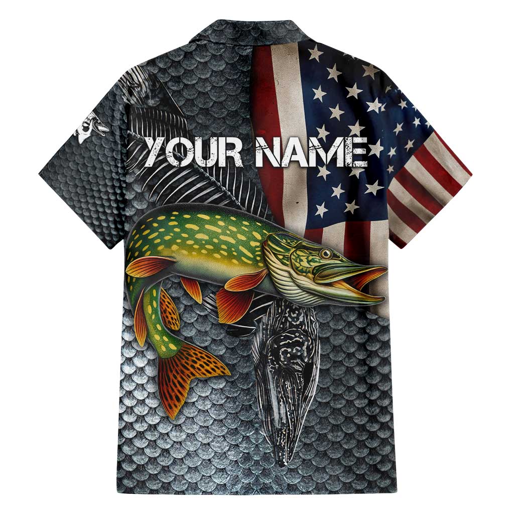 Pike Fishing Family Matching Off Shoulder Short Dress and Hawaiian Shirt with American Flag and Realistic Fish Scale Texture Design - Wonder Print Shop