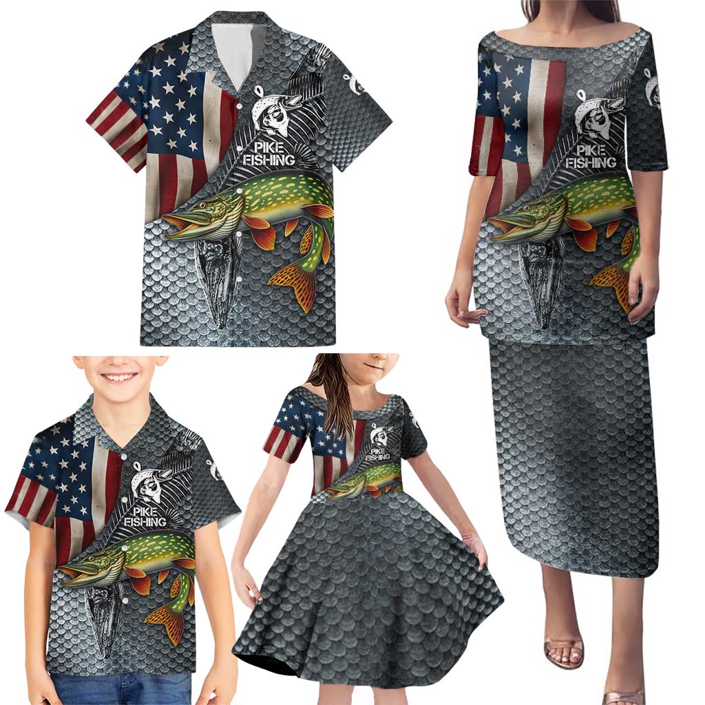 Pike Fishing Family Matching Puletasi and Hawaiian Shirt with American Flag and Realistic Fish Scale Texture Design - Wonder Print Shop