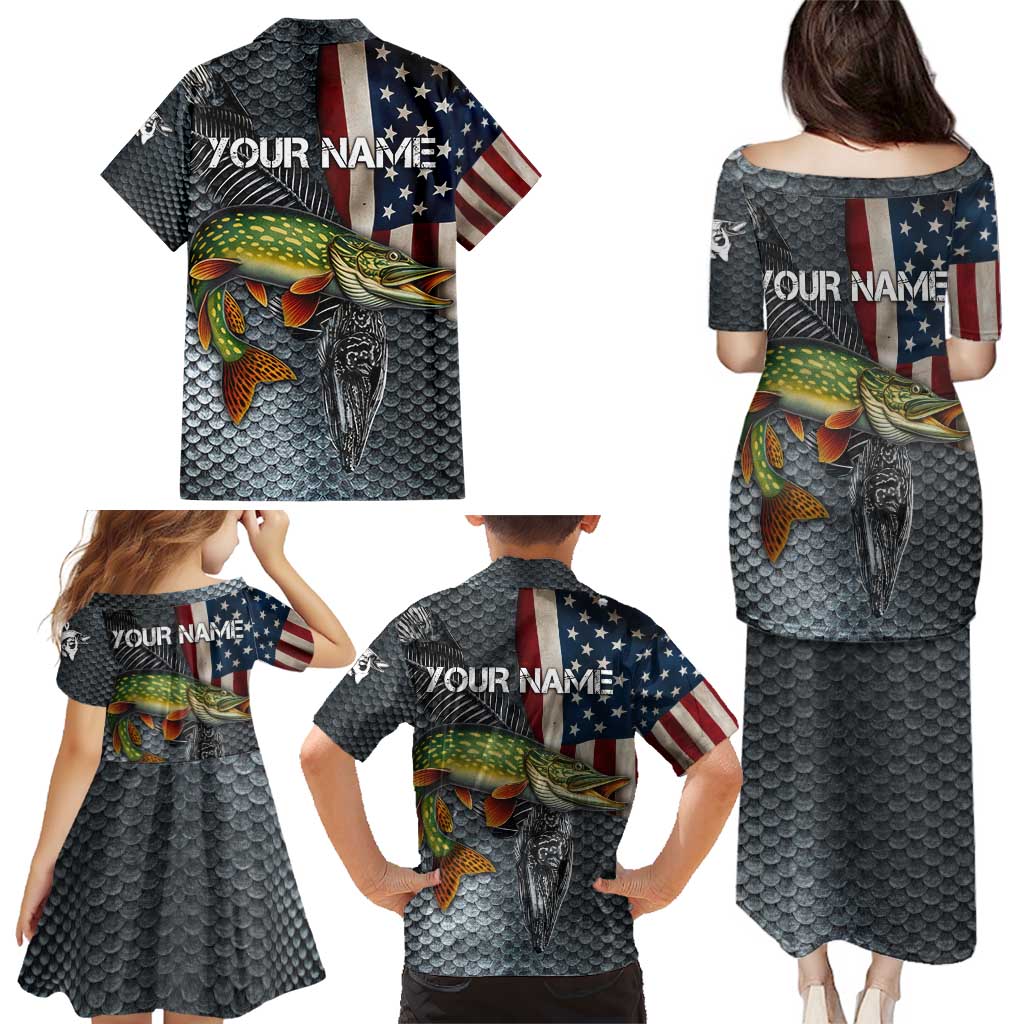 Pike Fishing Family Matching Puletasi and Hawaiian Shirt with American Flag and Realistic Fish Scale Texture Design - Wonder Print Shop