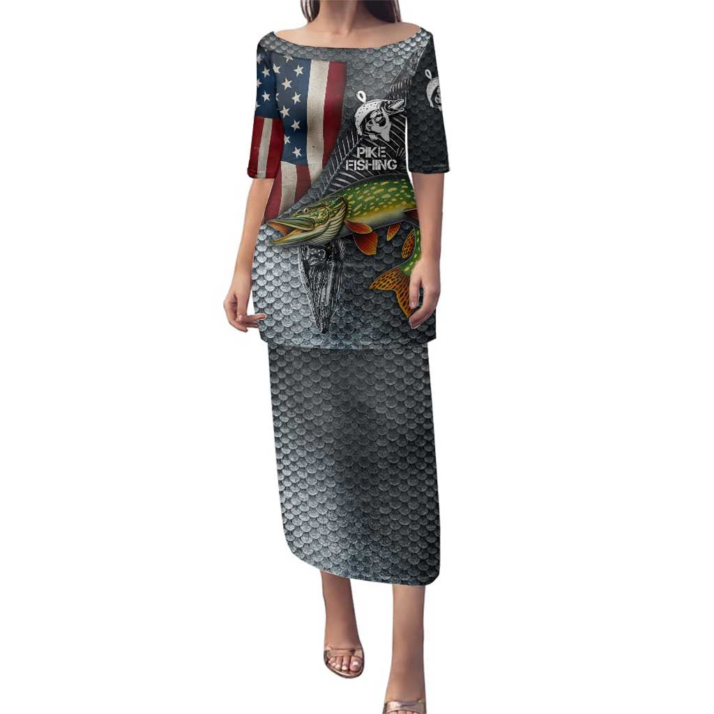 Pike Fishing Family Matching Puletasi and Hawaiian Shirt with American Flag and Realistic Fish Scale Texture Design - Wonder Print Shop