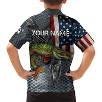 Pike Fishing Family Matching Short Sleeve Bodycon Dress and Hawaiian Shirt with American Flag and Realistic Fish Scale Texture Design - Wonder Print Shop