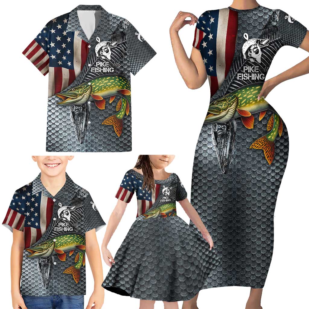 Pike Fishing Family Matching Short Sleeve Bodycon Dress and Hawaiian Shirt with American Flag and Realistic Fish Scale Texture Design - Wonder Print Shop