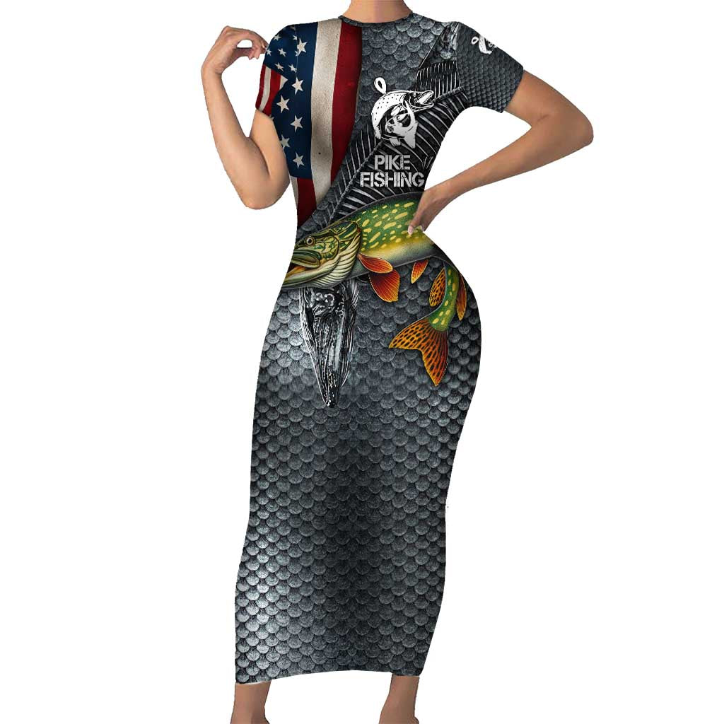 Pike Fishing Family Matching Short Sleeve Bodycon Dress and Hawaiian Shirt with American Flag and Realistic Fish Scale Texture Design - Wonder Print Shop