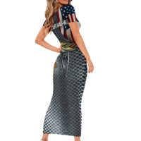 Pike Fishing Family Matching Short Sleeve Bodycon Dress and Hawaiian Shirt with American Flag and Realistic Fish Scale Texture Design - Wonder Print Shop