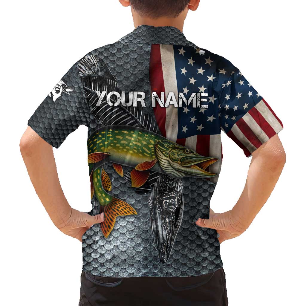 Pike Fishing Family Matching Summer Maxi Dress and Hawaiian Shirt with American Flag and Realistic Fish Scale Texture Design - Wonder Print Shop
