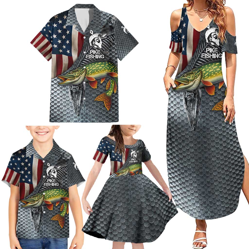 Pike Fishing Family Matching Summer Maxi Dress and Hawaiian Shirt with American Flag and Realistic Fish Scale Texture Design - Wonder Print Shop