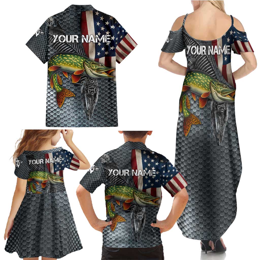 Pike Fishing Family Matching Summer Maxi Dress and Hawaiian Shirt with American Flag and Realistic Fish Scale Texture Design - Wonder Print Shop