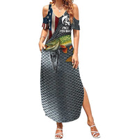 Pike Fishing Family Matching Summer Maxi Dress and Hawaiian Shirt with American Flag and Realistic Fish Scale Texture Design - Wonder Print Shop