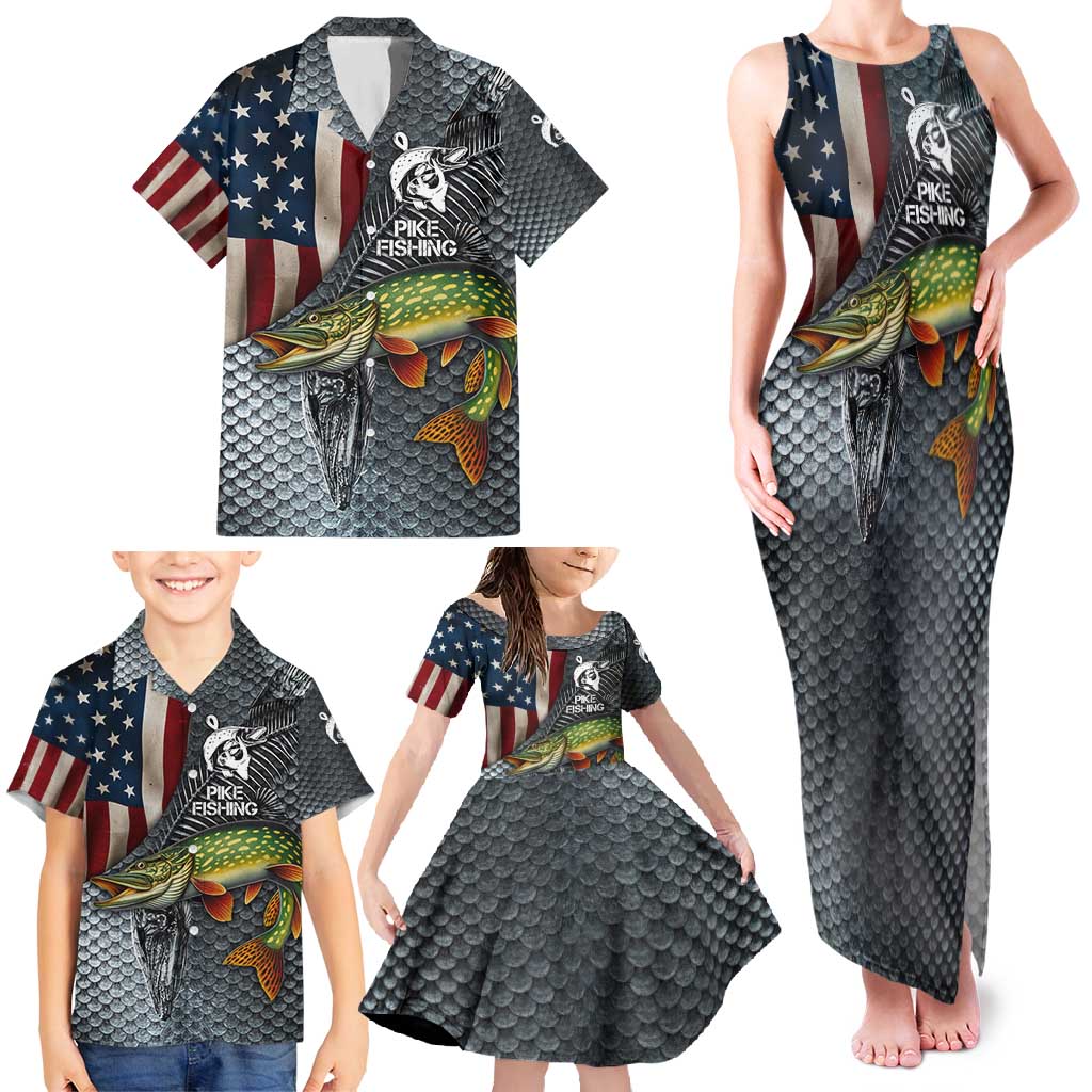 Pike Fishing Family Matching Tank Maxi Dress and Hawaiian Shirt with American Flag and Realistic Fish Scale Texture Design - Wonder Print Shop