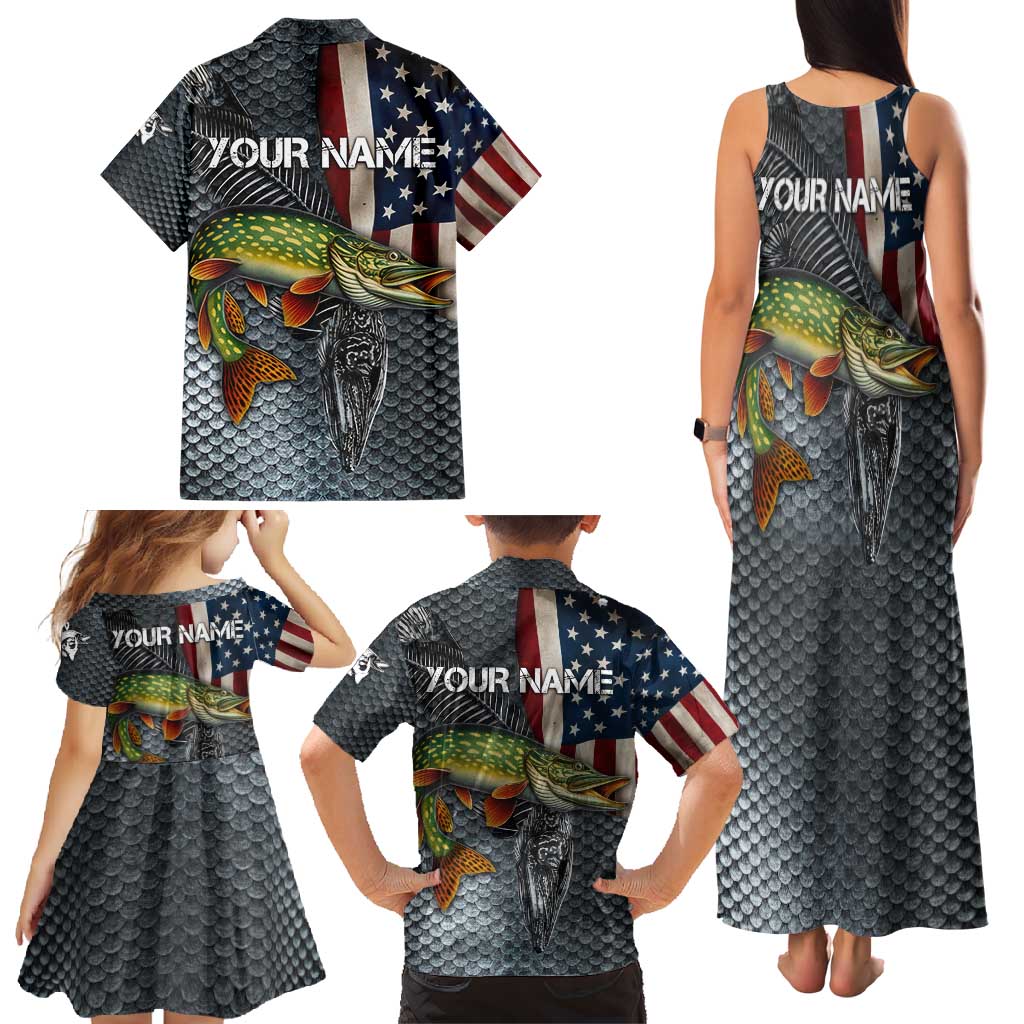 Pike Fishing Family Matching Tank Maxi Dress and Hawaiian Shirt with American Flag and Realistic Fish Scale Texture Design - Wonder Print Shop