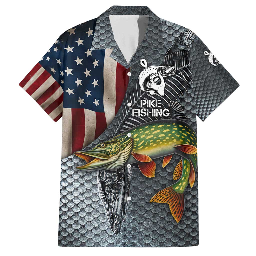 Pike Fishing Family Matching Tank Maxi Dress and Hawaiian Shirt with American Flag and Realistic Fish Scale Texture Design - Wonder Print Shop