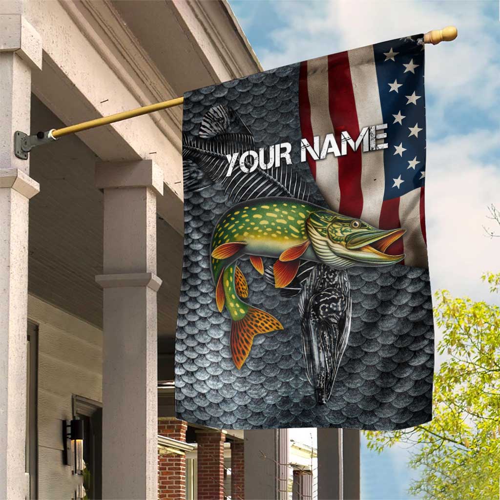 Pike Fishing Garden Flag with American Flag and Realistic Fish Scale Texture Design - Wonder Print Shop