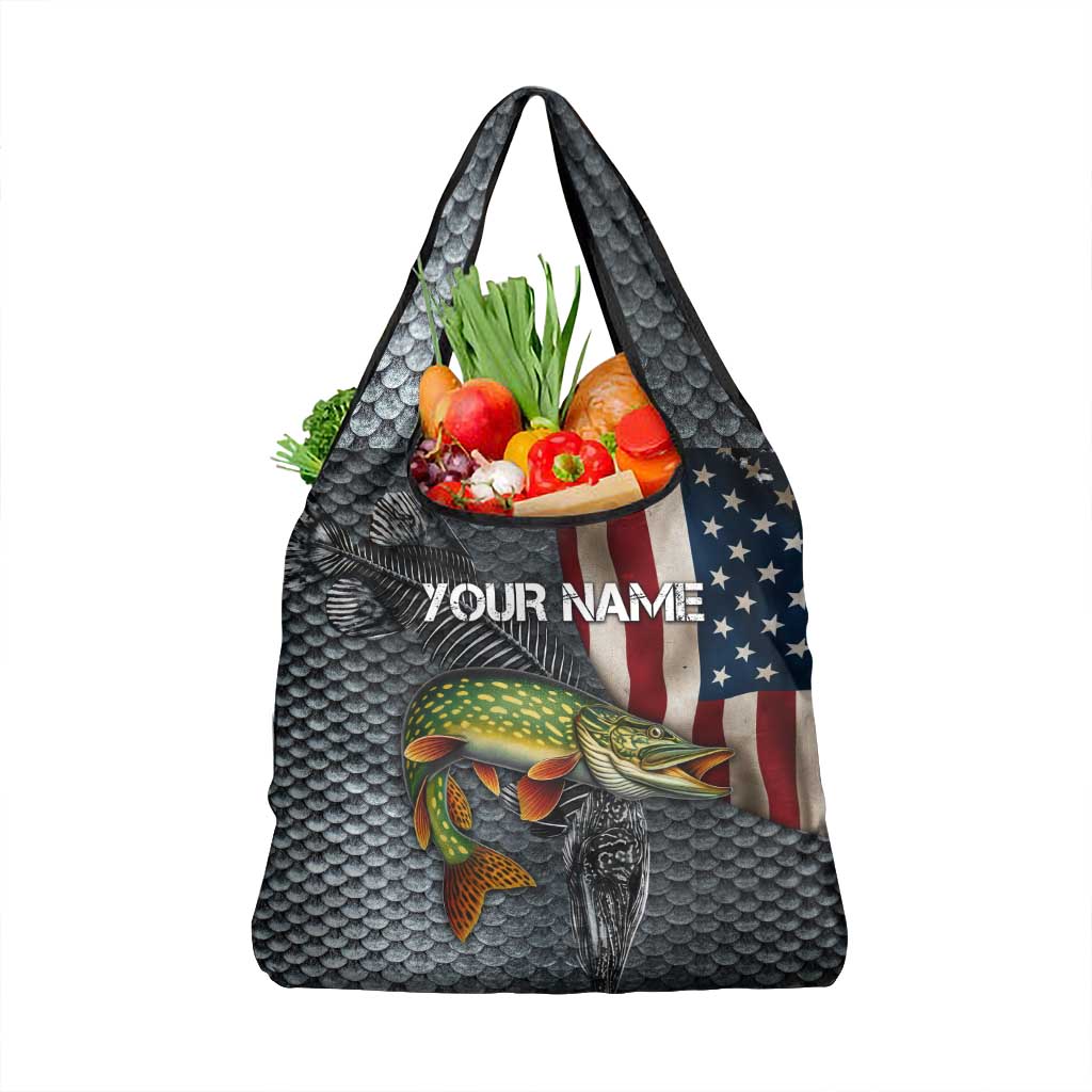Pike Fishing Grocery Bag with American Flag and Realistic Fish Scale Texture Design - Wonder Print Shop