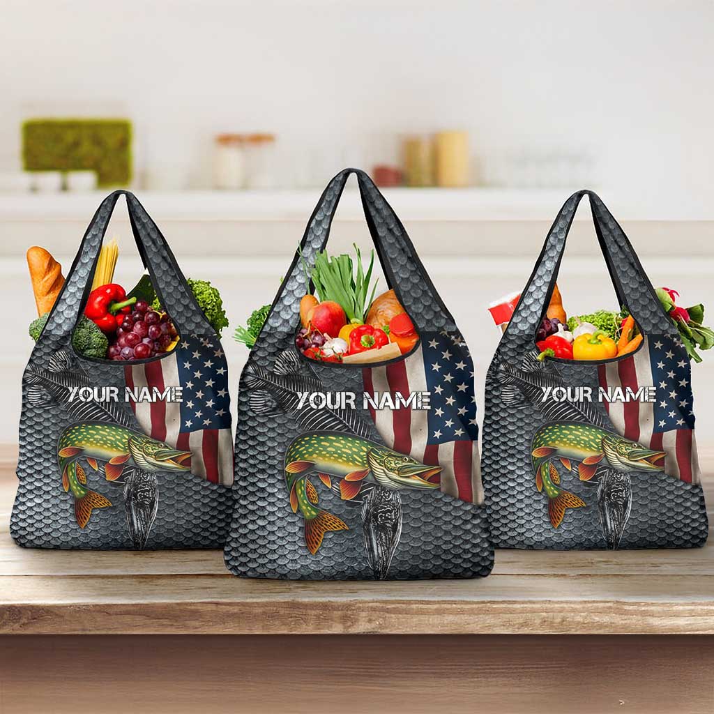 Pike Fishing Grocery Bag with American Flag and Realistic Fish Scale Texture Design - Wonder Print Shop