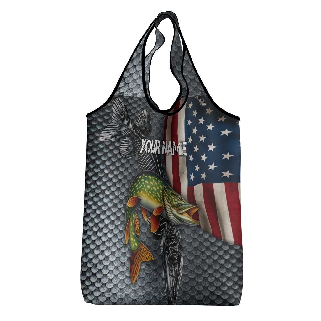 Pike Fishing Grocery Bag with American Flag and Realistic Fish Scale Texture Design - Wonder Print Shop