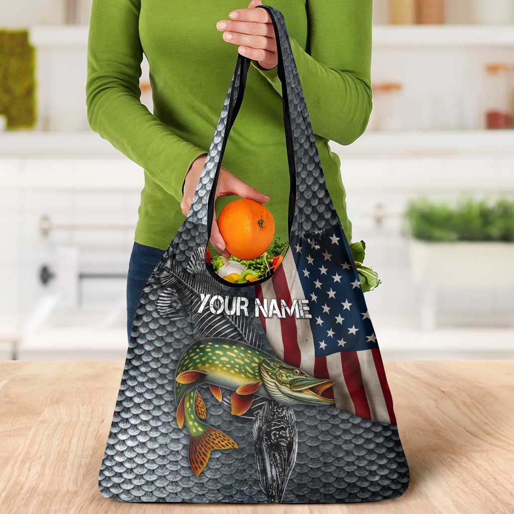 Pike Fishing Grocery Bag with American Flag and Realistic Fish Scale Texture Design - Wonder Print Shop