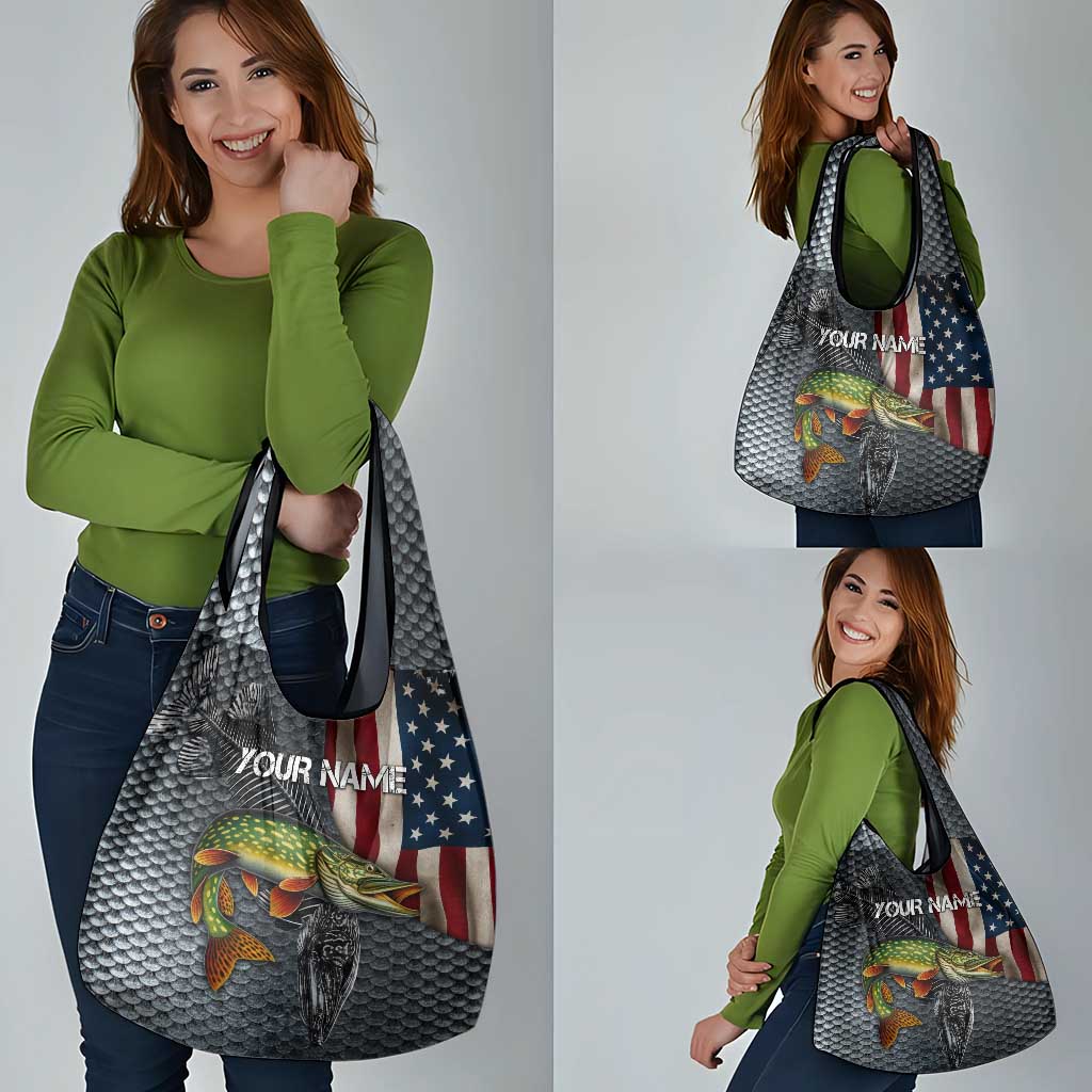 Pike Fishing Grocery Bag with American Flag and Realistic Fish Scale Texture Design - Wonder Print Shop