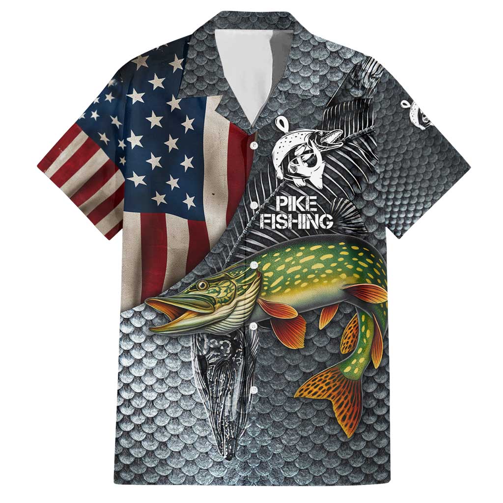 Pike Fishing Hawaiian Shirt with American Flag and Realistic Fish Scale Texture Design - Wonder Print Shop