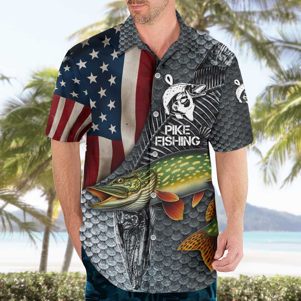 Pike Fishing Hawaiian Shirt with American Flag and Realistic Fish Scale Texture Design - Wonder Print Shop