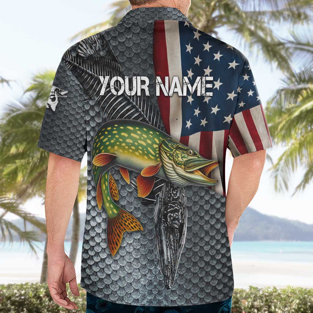 Pike Fishing Hawaiian Shirt with American Flag and Realistic Fish Scale Texture Design - Wonder Print Shop