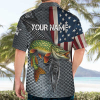 Pike Fishing Hawaiian Shirt with American Flag and Realistic Fish Scale Texture Design - Wonder Print Shop