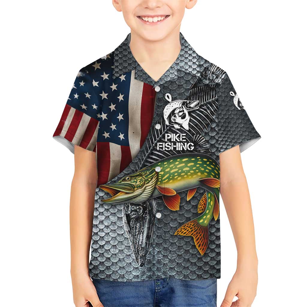Pike Fishing Hawaiian Shirt with American Flag and Realistic Fish Scale Texture Design - Wonder Print Shop