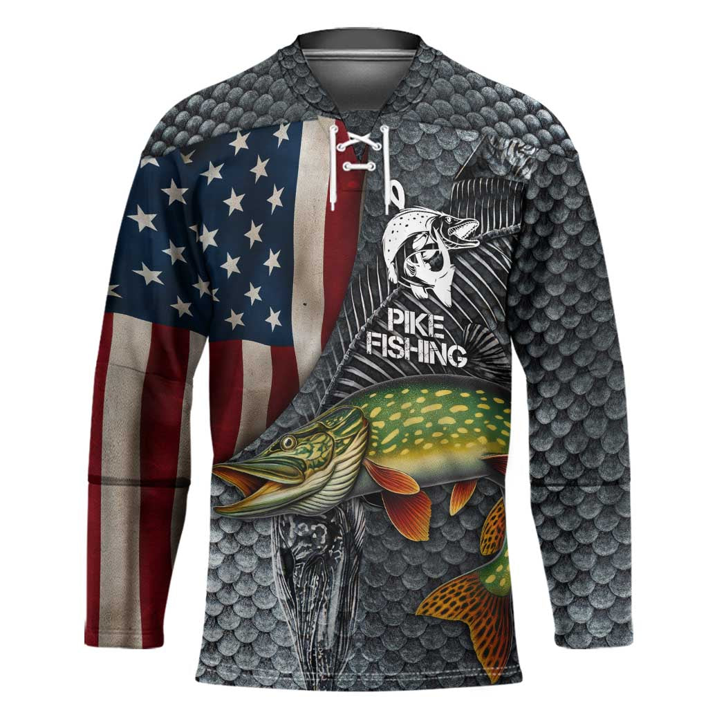 Pike Fishing Hockey Jersey with American Flag and Realistic Fish Scale Texture Design - Wonder Print Shop