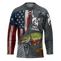 Pike Fishing Hockey Jersey with American Flag and Realistic Fish Scale Texture Design - Wonder Print Shop