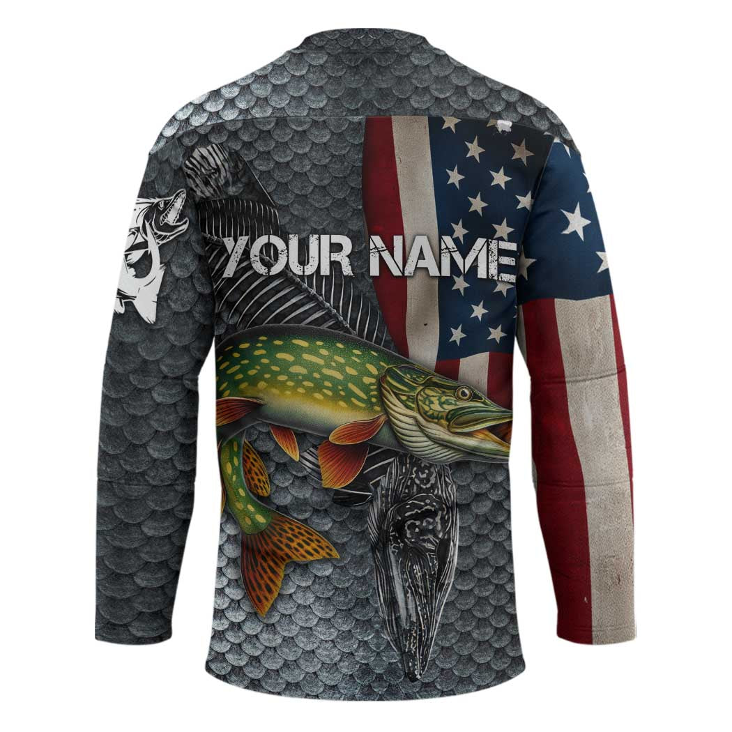 Pike Fishing Hockey Jersey with American Flag and Realistic Fish Scale Texture Design - Wonder Print Shop
