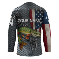 Pike Fishing Hockey Jersey with American Flag and Realistic Fish Scale Texture Design - Wonder Print Shop
