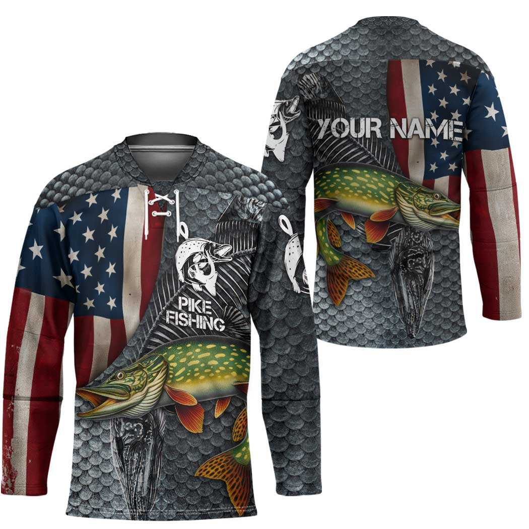 Pike Fishing Hockey Jersey with American Flag and Realistic Fish Scale Texture Design - Wonder Print Shop