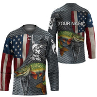 Pike Fishing Hockey Jersey with American Flag and Realistic Fish Scale Texture Design - Wonder Print Shop
