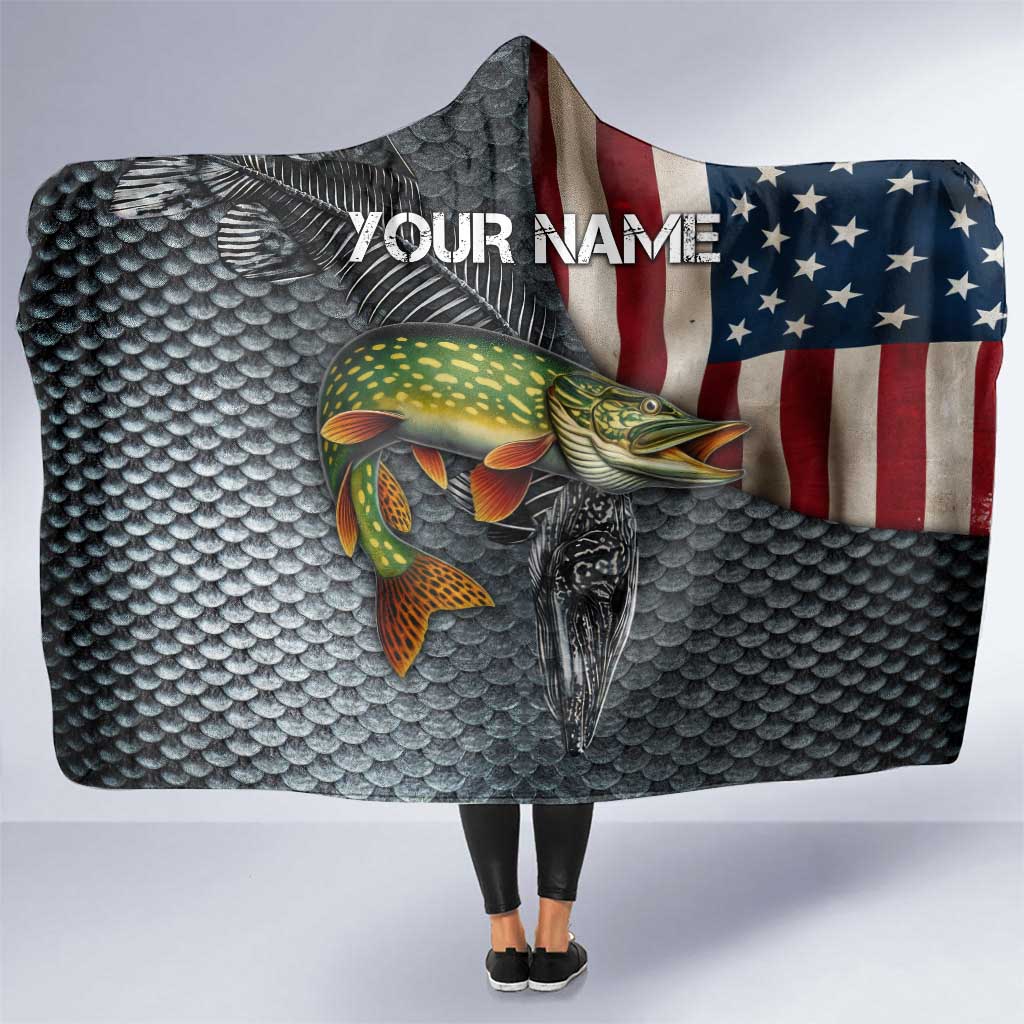Pike Fishing Hooded Blanket with American Flag and Realistic Fish Scale Texture Design - Wonder Print Shop