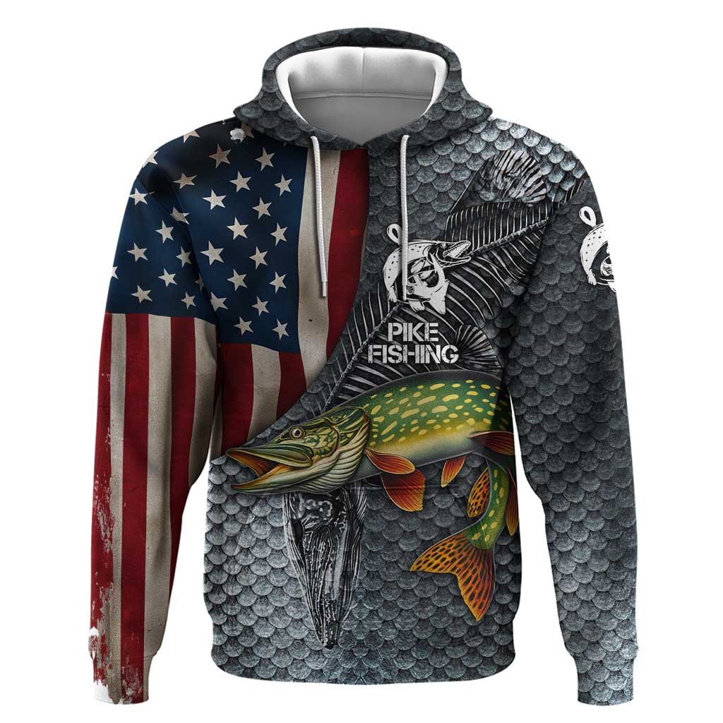 Pike Fishing Hoodie with American Flag and Realistic Fish Scale Texture Design - Wonder Print Shop