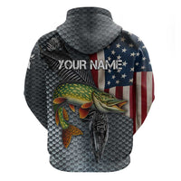 Pike Fishing Hoodie with American Flag and Realistic Fish Scale Texture Design - Wonder Print Shop