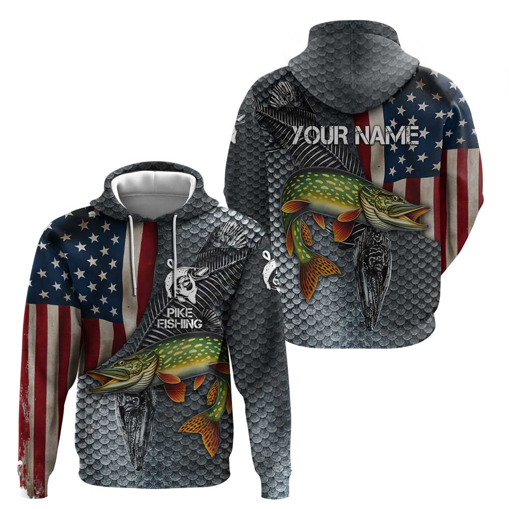Pike Fishing Hoodie with American Flag and Realistic Fish Scale Texture Design - Wonder Print Shop