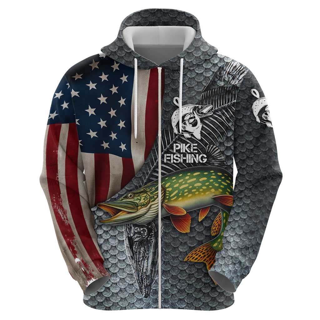 Pike Fishing Hoodie with American Flag and Realistic Fish Scale Texture Design - Wonder Print Shop