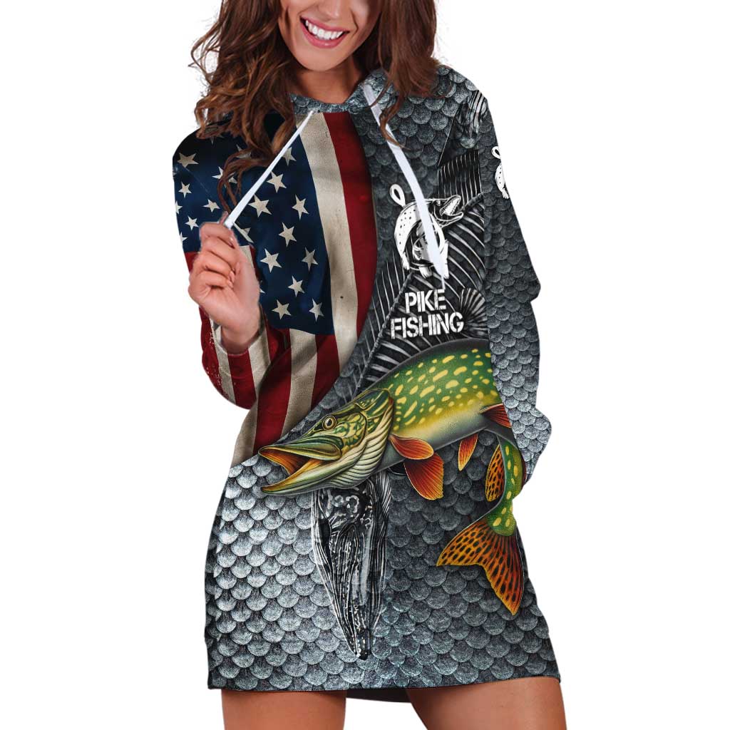 Pike Fishing Hoodie Dress with American Flag and Realistic Fish Scale Texture Design - Wonder Print Shop