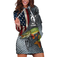 Pike Fishing Hoodie Dress with American Flag and Realistic Fish Scale Texture Design - Wonder Print Shop